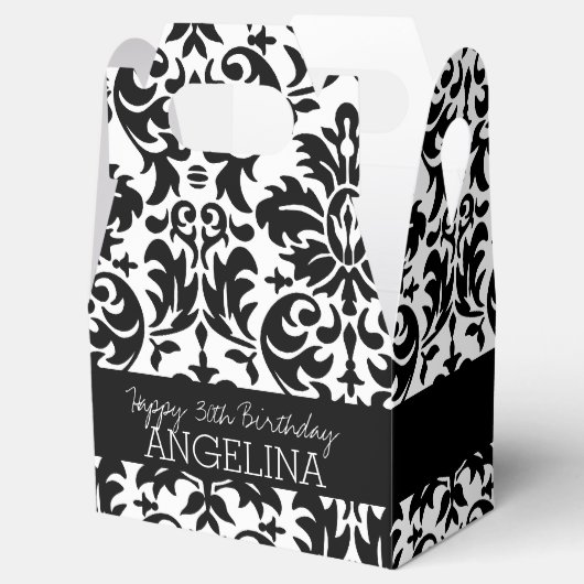 ハッピーバースデーとトレンディー白黒ダマスク フェイバーボックス (オープン)
