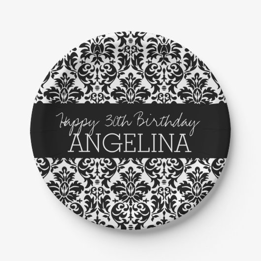 ハッピーバースデーとトレンディー白黒ダマスク ペーパープレート (正面)