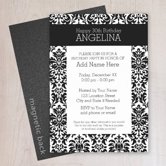 ハッピーバースデーとトレンディー白黒ダマスク マグネット招待状