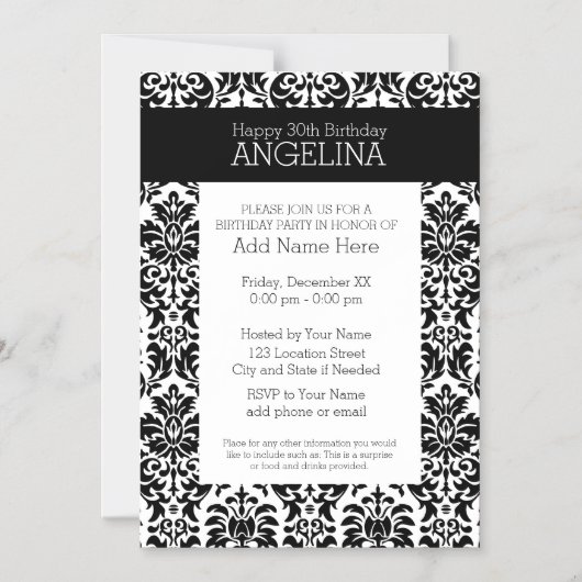 ハッピーバースデーとトレンディー白黒ダマスク マグネット招待状 (正面)