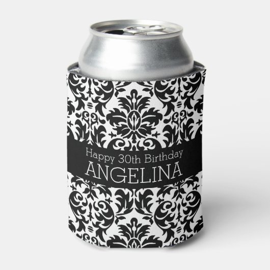 ハッピーバースデーとトレンディー白黒ダマスク 缶クーラー (缶正面)