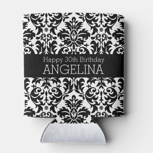 ハッピーバースデーとトレンディー白黒ダマスク 缶クーラー (裏面)