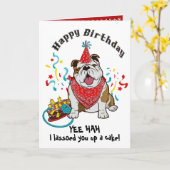 ハッピーバースデーとブルドッグドッグでレッドバンダナ カード (黄色い花)