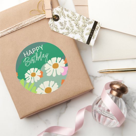 ハッピーバースデーと夏の芸術的花 ラウンドシール (ギフト)