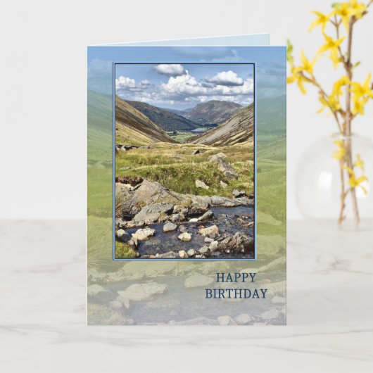 ハッピーバースデーと山の風景 カード (黄色い花)