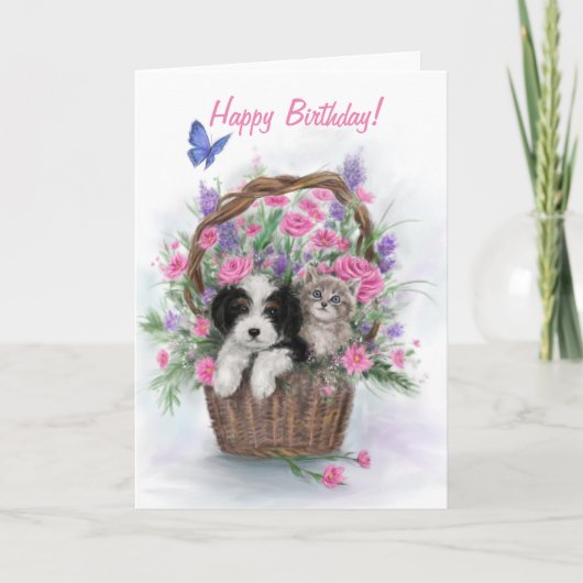 ハッピーバースデーと犬と猫が花籠に。 カード (正面)