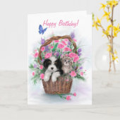 ハッピーバースデーと犬と猫が花籠に。 カード (黄色い花)