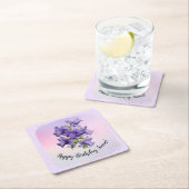 ハッピーバースデーと紫かわいらしヴィンテージ蘭 スクエアペーパーコースター (インサイチュ)