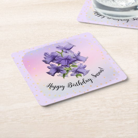 ハッピーバースデーと紫かわいらしヴィンテージ蘭 スクエアペーパーコースター (アングル)