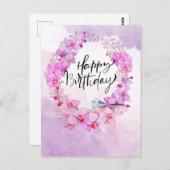 ハッピーバースデーと紫の蘭の水色Postc ポストカード (正面/裏面)