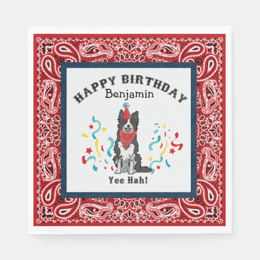 ハッピーバースデーと縁どコリーインレッドバンダナ スタンダードランチョンナプキン (正面)