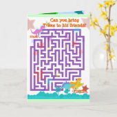 ハッピーバースデーと青い漫画の恐竜 カード (黄色い花)