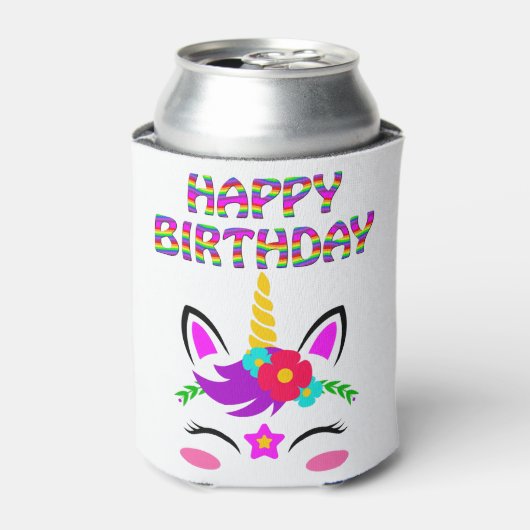 ハッピーバースデーにかわいいレインボーカラーのユニコーン 缶クーラー (缶正面)