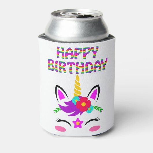 ハッピーバースデーにかわいいレインボーカラーのユニコーン 缶クーラー (缶裏面)