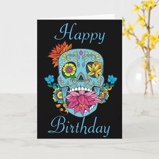 ハッピーバースデーによってはメキシコ入れ墨の砂糖のスカルが開花します カード (黄色い花)