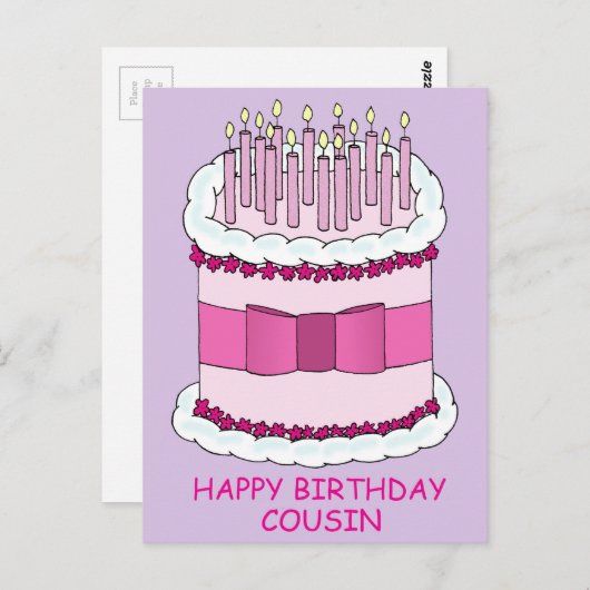 ハッピーバースデーのいとこケーキとキャンドル ポストカード (正面/裏面)