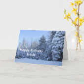 ハッピーバースデーのおじさん – 冬の朝の木のシーン カード (黄色い花)