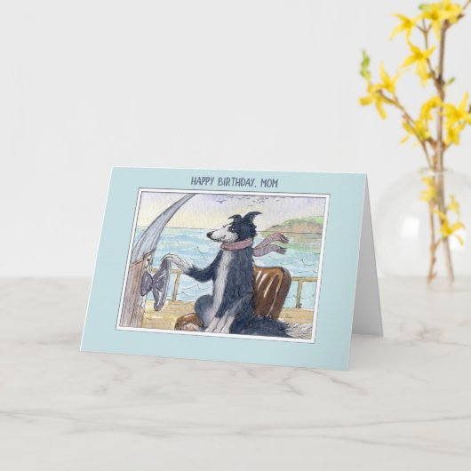 ハッピーバースデーのお母さん、ボートのボーダーコリー犬 カード (黄色い花)
