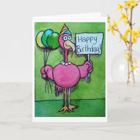 ハッピーバースデーのお洒落なピンクのフラミンゴカード カード (黄色い花)