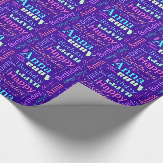 ハッピーバースデーのアナのカラフルな名前をカスタムするの紙 ラッピングペーパー (角)