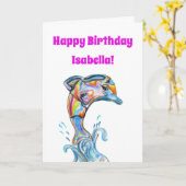 ハッピーバースデーのイルカのイラストレーション カード (黄色い花)