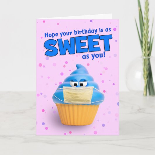 ハッピーバースデーのカップケーキがコロナウイルス顔マスク シーズンカード (正面)