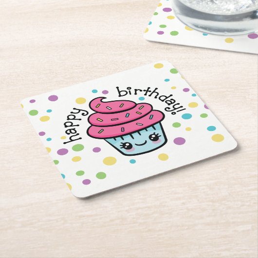 ハッピーバースデーのカップケーキのコースター スクエアペーパーコースター (アングル)