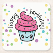 ハッピーバースデーのカップケーキのコースター スクエアペーパーコースター (正面)