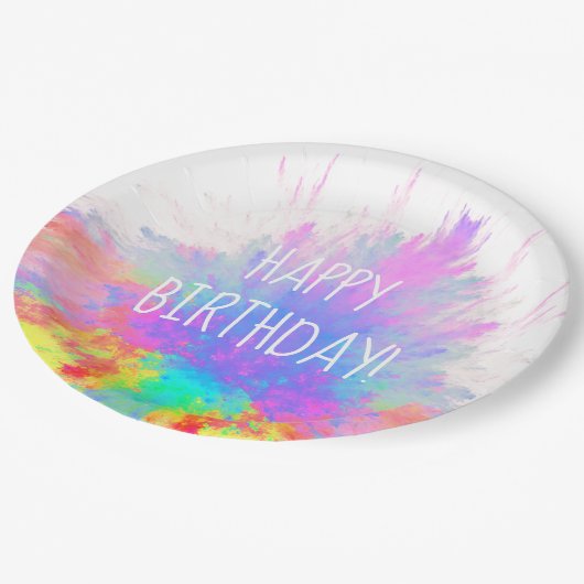 ハッピーバースデーのカラー・バーストの虹 ペーパープレート (アングル)