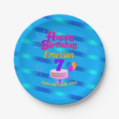 ハッピーバースデーのグラデーションストライプを青に設定 ペーパープレート (正面)