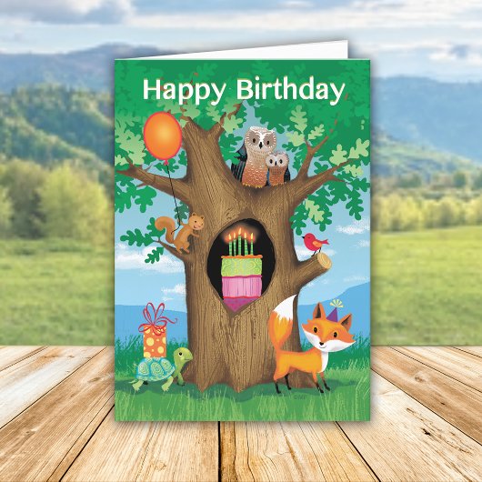 ハッピーバースデーのケーキのフクロウのカメのリスの赤の鳥 シーズンカード