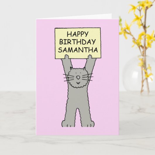 ハッピーバースデーのサマンサの漫画の子ネコ カード (黄色い花)