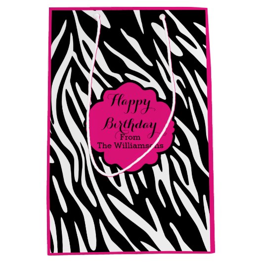 ハッピーバースデーのシマウマのプリントのショッキングピンクのギフトバッグ ミディアムペーパーバッグ (正面)