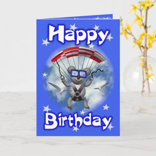 ハッピーバースデーのスカイダイビングのコアラ カード (黄色い花)