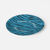 ハッピーバースデーのスカイブルーのグリッターのシマウマは縞で飾ります ペーパープレート (アングル)