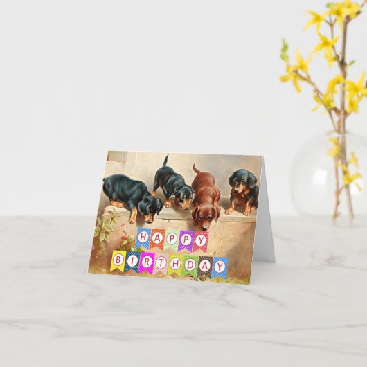 ハッピーバースデーのダシュントの子犬たち カード (黄色い花)