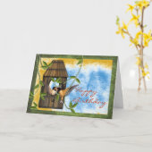 ハッピーバースデーのツバメと鳥の家でつる植物 カード (黄色い花)