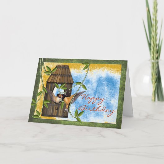 ハッピーバースデーのツバメと鳥の家でつる植物 カード (正面)