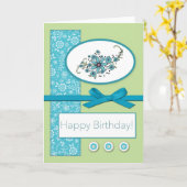 ハッピーバースデーのティール（緑がかった色）の花 カード (黄色い花)