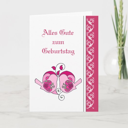 ハッピーバースデーのドイツ語ピンクの花のハートの鳥 カード (正面)