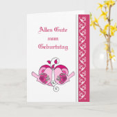 ハッピーバースデーのドイツ語ピンクの花のハートの鳥 カード (黄色い花)