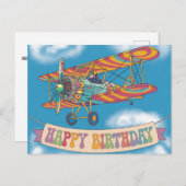 ハッピーバースデーのバナーの上を飛行する複葉機 ポストカード (正面/裏面)