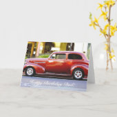 ハッピーバースデーのパパのクラシックで赤い車 カード (黄色い花)