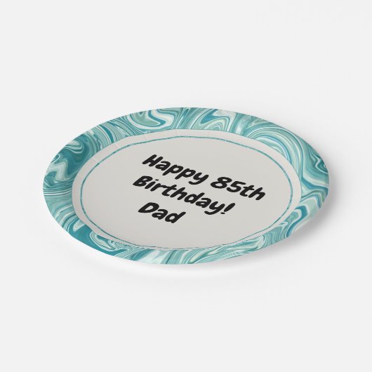ハッピーバースデーのパーソナライズされた青い液体の大理石の紙 ペーパープレート (アングル)