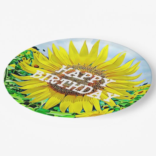 ハッピーバースデーのヒマワリのパーティーの紙皿 ペーパープレート (アングル)