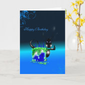 ハッピーバースデーのベビーのドラゴンのお誕生日ケーキの青カード カード (黄色い花)