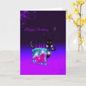 ハッピーバースデーのベビーのドラゴンのお誕生日ケーキ紫色Bl カード (黄色い花)