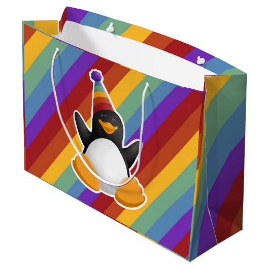 ハッピーバースデーのペンギンの虹のギフトバッグ ラージペーパーバッグ (裏面アングル)