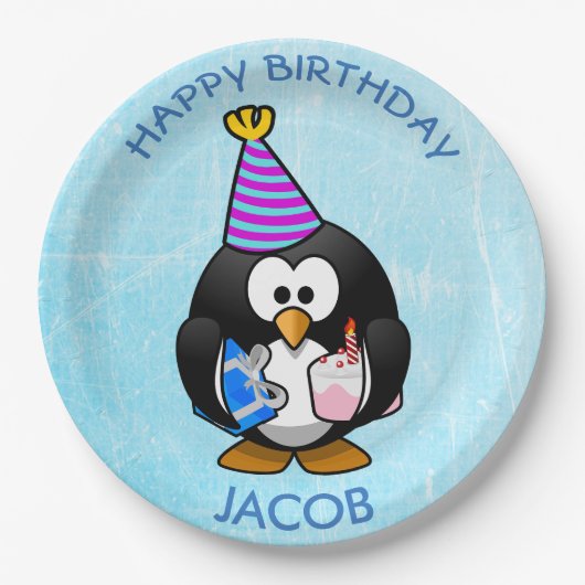 ハッピーバースデーのペンギンの青書のプレート ペーパープレート (正面)