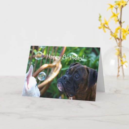 ハッピーバースデーのボクサー犬の挨拶状 カード (黄色い花)